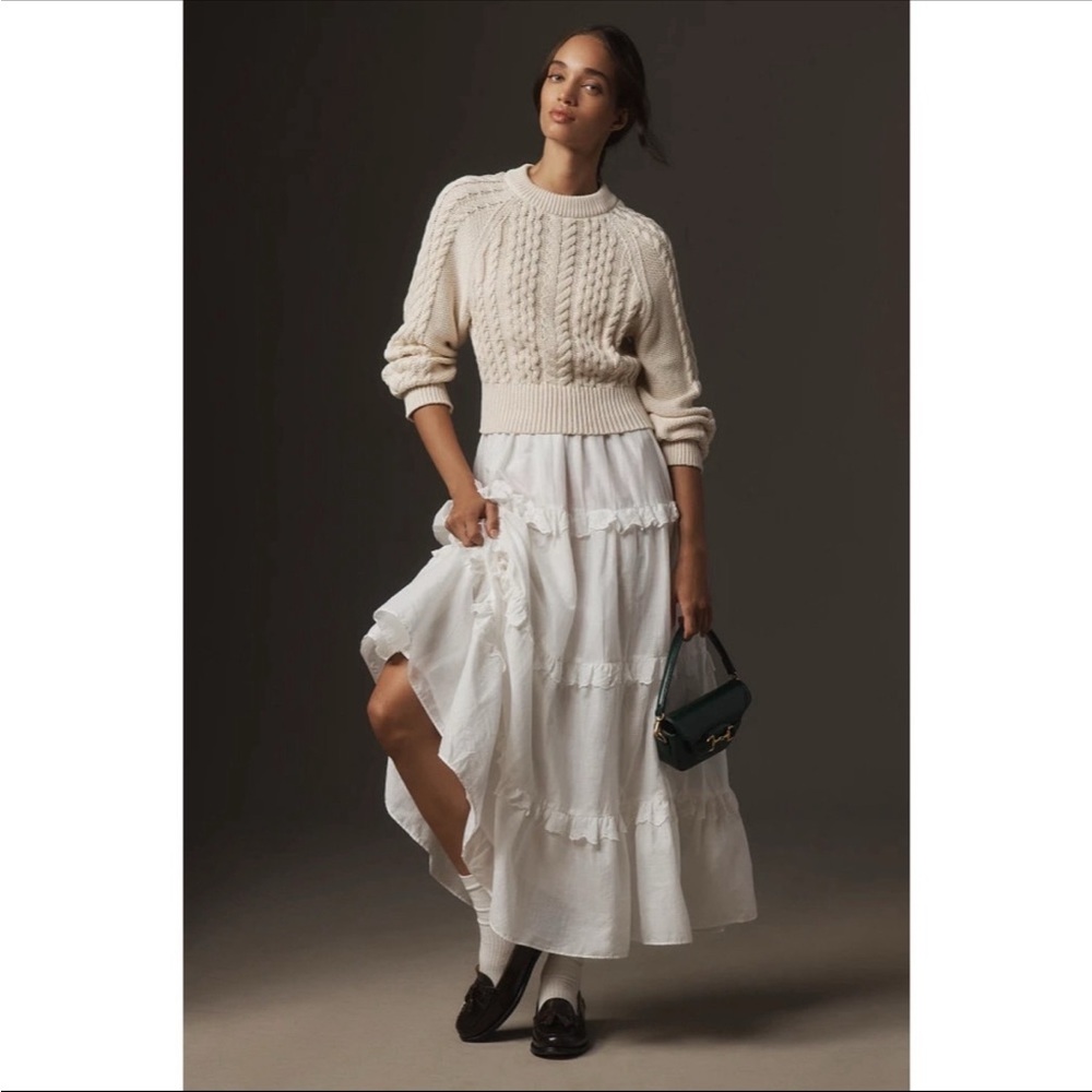 Anthropologie Cropped Fisherman Cable Knit Sweater Ivory Cream